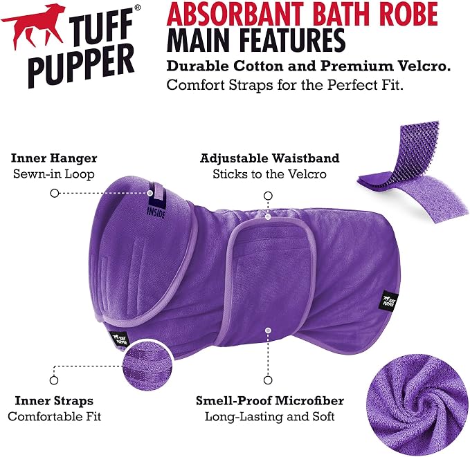 Tuff Pupper Fast Drying Dog Bath Robe | 800 GSM Plush Dog Towel Bathrobe/Dressing Gown | Super Absorbent Pet/Puppy Bathrobe | Adjustable Hood & Belly Strap | Super Soft | Fast Drying (XXXL, Purple)
