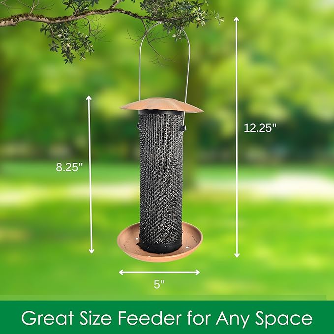 Songbird Essentials Gold Finch Feeder for Outdoor Hanging - Petite Nyjer Thistle Seed Feeder - All Metal - for Finches and Buntings for Outdoor Garden - Brushed Copper
