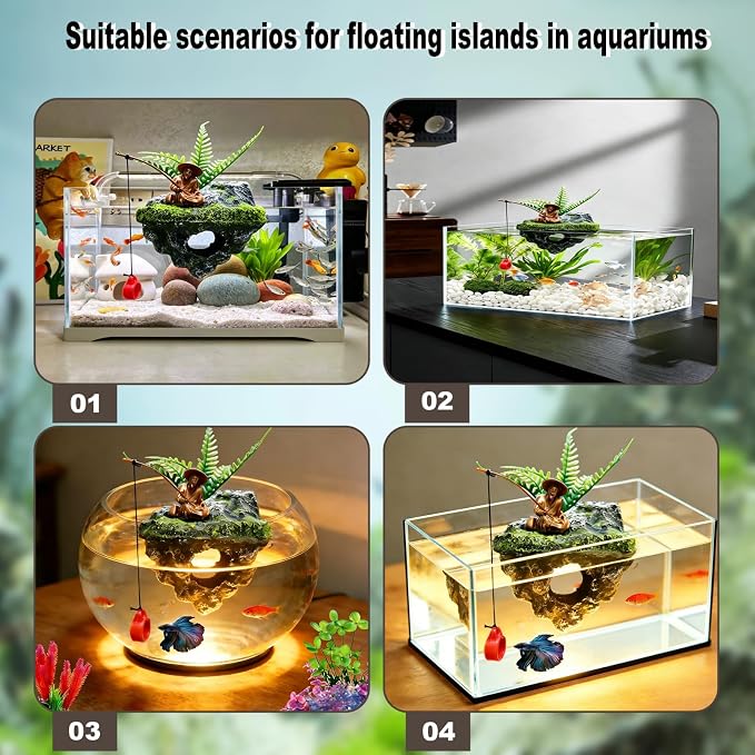 Resin Aquarium Floating Island Decoration, Fish Tank Floating Hiding Cave, Fisherman Decoration Accessory, Betta Fish Habitat, Suitable for Guppies, Rainbowfish and Hermit Crabs
