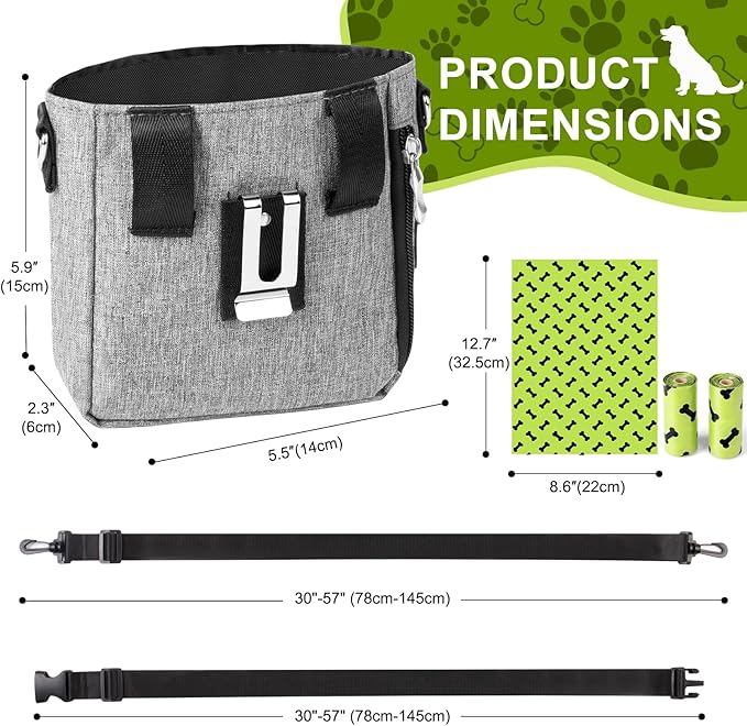 Dog Treat Pouch with Magnetic Closure - 3 Ways to Wear Dog Training Treat Bag with Waist Belt, Shoulder Strap & Metal Clip, Built-in Poop Bag Dispenser, Hands-Free Dog Training Treat Pouch