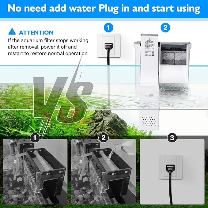 fishkeeper Aquarium HOB Filter 79 GPH for 0-10 Gallon Fish Tank Filters with Auto Start Hang on Back Aquarium Filter Power Waterfall Suspension Oxygen Pump (3W)