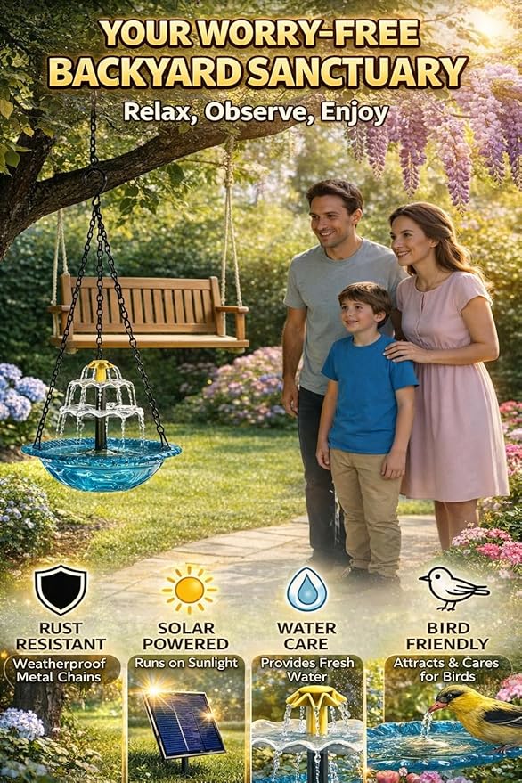 Solar Cascade Hanging Bird Bath Fountain, 2026 New Outdoor Hanging Bird Bath with Solar Fountain, Large Humming Birds Baths Fountains, with Solars Pump & Glass Bowl, for Outdoor, Gardens (#5)