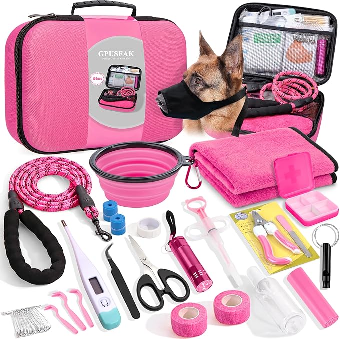 Pet First Aid Kit for Dogs - Pet Emergency Kit for Camping Hiking Traveling Hunting and Sports (Pink)