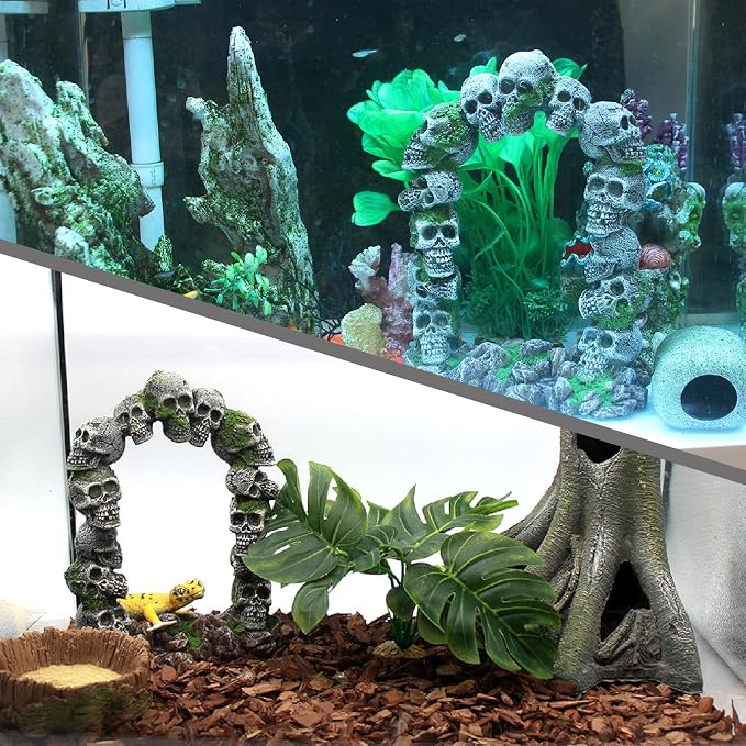 relaqcc Aquarium Skull Cave Rocks, Reptile Tank Accessories, Fish Tank Decorations for Amphibians, Betta Fish, Shrimp, Hermit Crab, Leopard Gecko