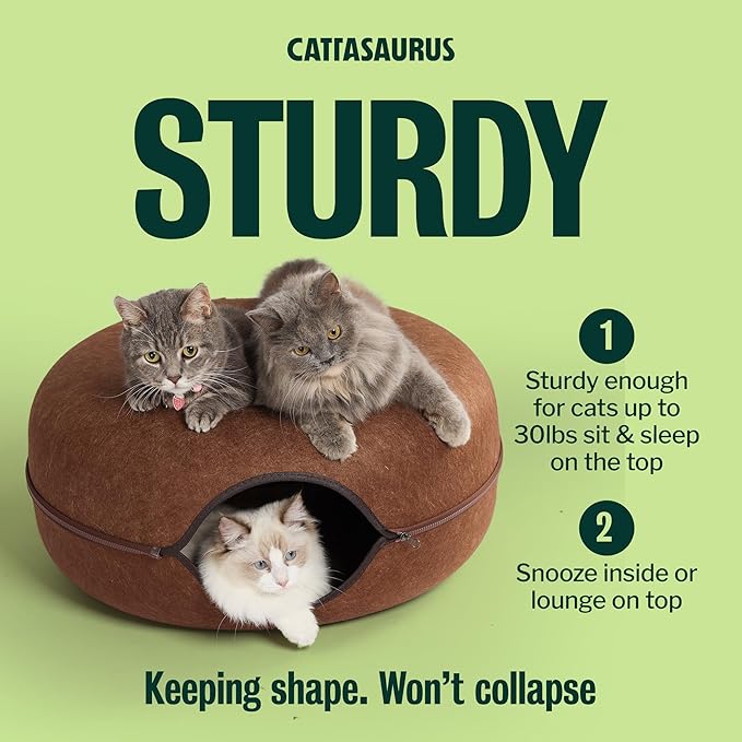 Cattasaurus Peekaboo Cat Cave Donut for Multiple & Large Cats up to 30-45 lbs, 3-in-1 Self Warming Cat Bed, Tunnel & Scratcher for Indoor Cats, Washable & Detachable Small Dog Bed (Brown, Large)