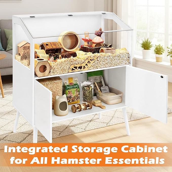 PROLEE Hamster Cage with Storage Cabinet,Large Hamster Encloure Chew Proof Wood,Clear View Hamster Habitat for Guinea Pig, Ferret, Rat, Hedgehog, 40" L x 20" W x 47" H (White)