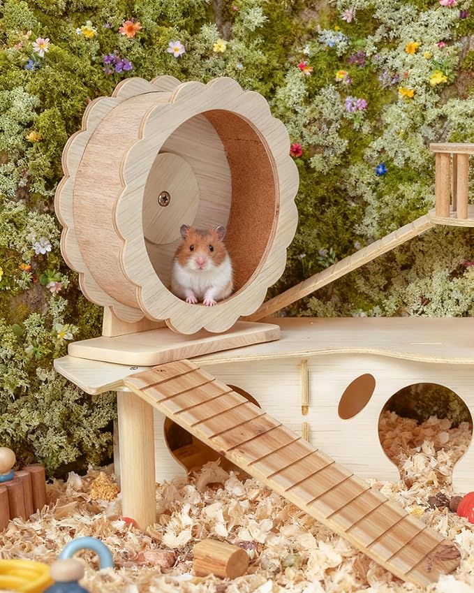 Wooden Hamster Wheel,10/12 Inch Silent Exercise Running Wheel,Cute Rat Wheel,Mouse Wheel, Durable Small Pet Toy for Dwarf Hamsters,Gerbils, Mice, Chinchillas, Hedgehogs,Guinea,rueda para hámster