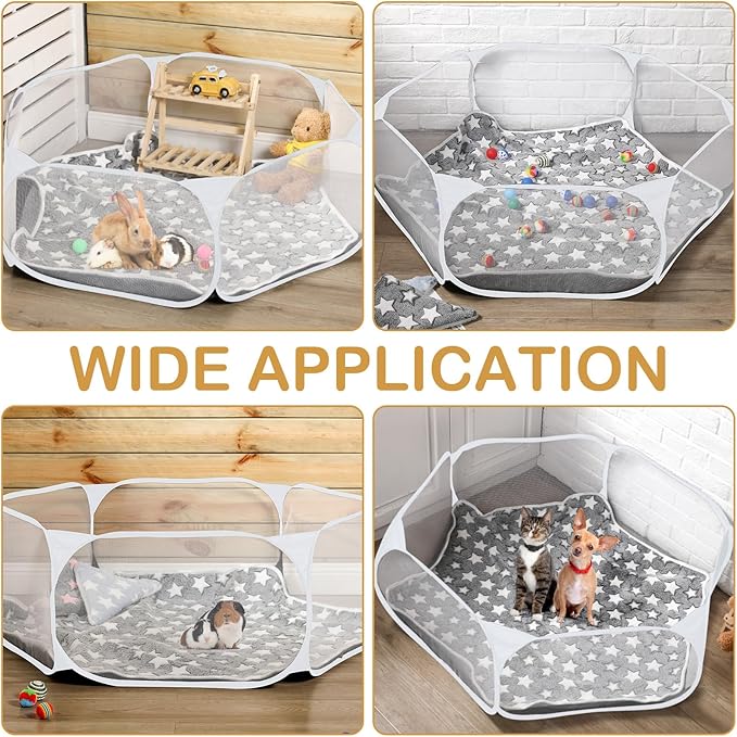 VitalCozy Hamster Playpen with Mat Small Animal Cage Tent Breathable Transparent Guinea Pig Playpen Waterproof Portable Yard Fence Mat Foldable Exercise Playpen Outdoor Indoor (Gray,Star)