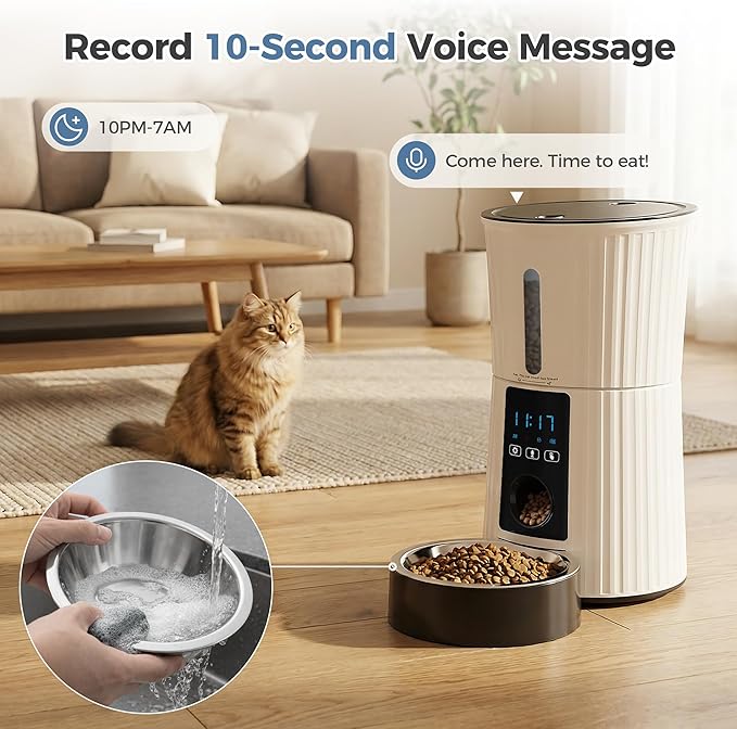 DUMOS Automatic Cat Feeder, 4L WiFi Timed Cat Food Dispenser with APP Control, 10s Voice Recorder, Dual Power Supply, Indoor Programmable Pet Feeder with Desiccant for Small Cats and Dogs, White