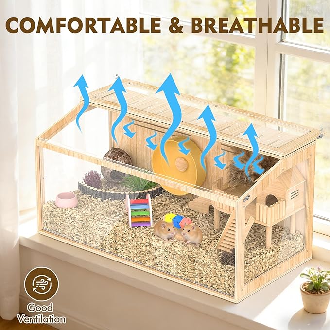 XiaZ Large Hamster Cage,40 Inch Wooden Hamster Cage with Panoramic View and Ventilated Top, Spacious Acrylic Glass Habitat for Syrian Dwarf Hamsters and Degus, Natural Wood Frame Enclosure