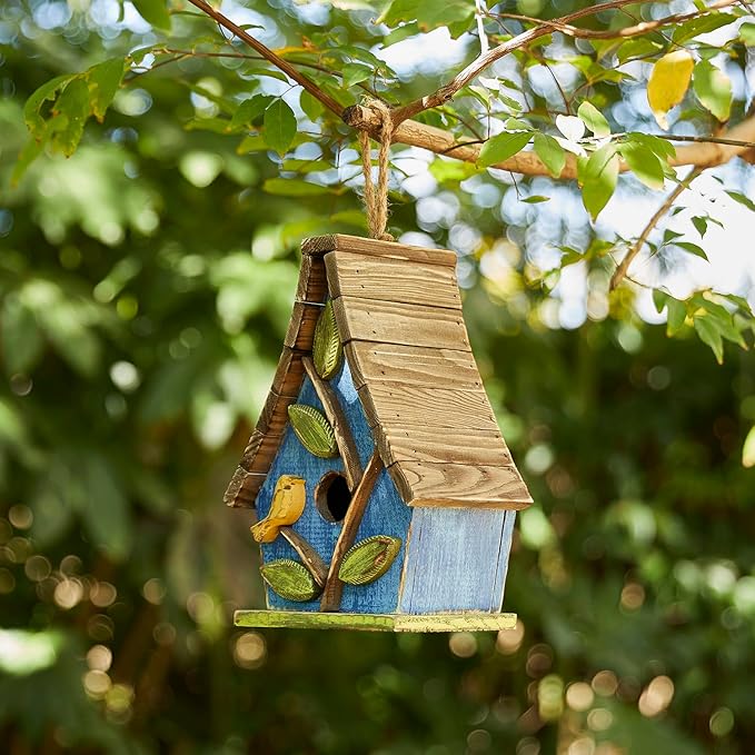 Glitzhome Birdhouses for Outdoors,9.5"H Hanging Bird House Decorative Pet Cottage Wooden Birdhouse Hummingbird Houses for Outside,Bluebird House with Natural Wood Slatted Roof and 3D Tree,Washed Blue