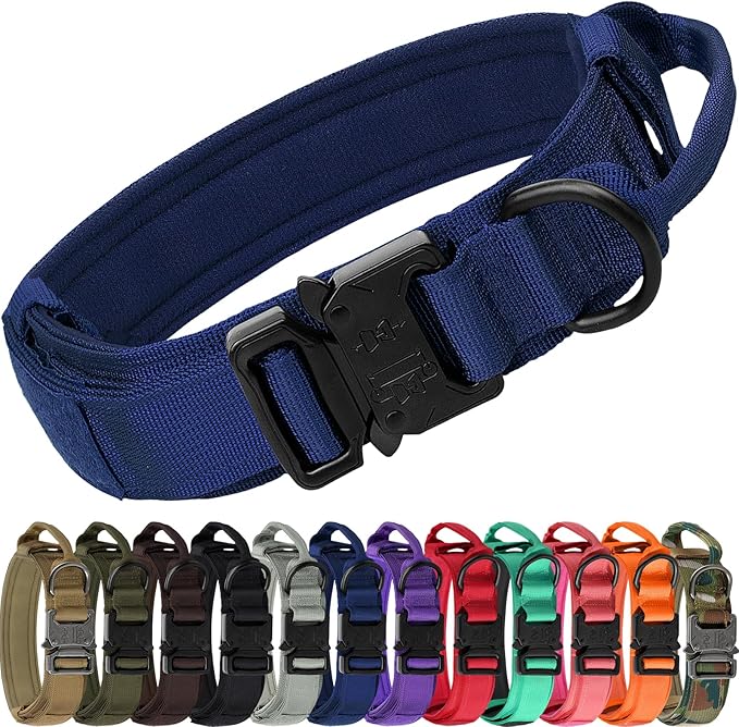 Joytale Tactical Dog Collar with Handle and Metal Buckle, Heavy Duty Padded Military Collar with 2 Patches for Training, Adjustable for XLarge Dogs, Navyblue, XL