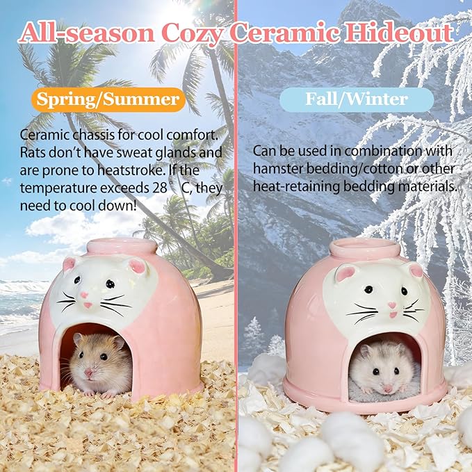 Ceramic Hamster Hideout Syrian Hamster House and Habitat Gerbil Hideaway Cooling Cave for Rat Mice Cage Decor Accessories (Pink)
