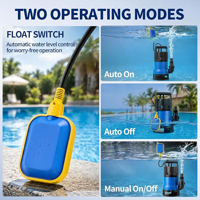 1.1HP Submersible Sump Pump, 4600 GPH Electric Water Pump with Automatic Float Switch, Portable Utility Pump for Pool Draining, Basement, Outdoor Ponds, 16 FT Cord