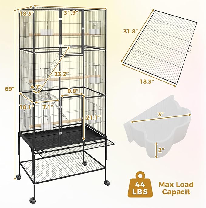 GAOMON Large Bird Cage - 69 Inch Metal Parrot Cage with Rolling Storage Stands, Wide Flight Aviary with Slide Out Tray Feed Bowls, Pet Bird House for Conures, Cockatiels, Cockatoo, Parakeets
