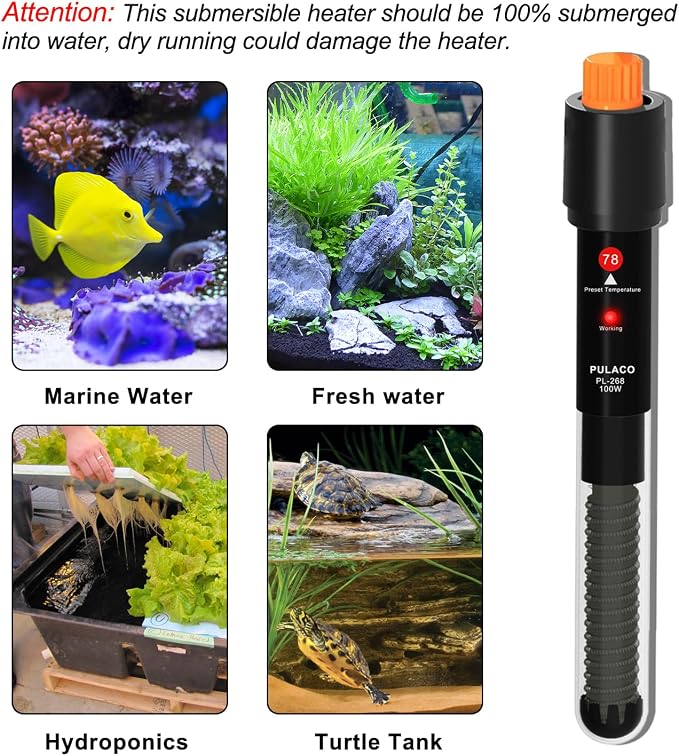 100Watt Aquarium Heater for 15-25 Gallon Fish Tank, Adjustable Submersible Heater Thermostat with Thermometer Strip and Suction Cup