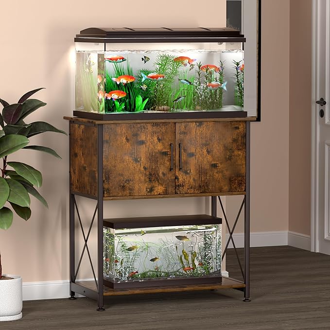 Herture 20-29 Gallon Aquarium Stand Metal Frame Fish Tank Stand with Cabinet Storage, for 20 Gallon Long Aquarium,30.7" L*16.5" W Tabletop,330LBS Capacity Rustic Brown and Black PG01YGN