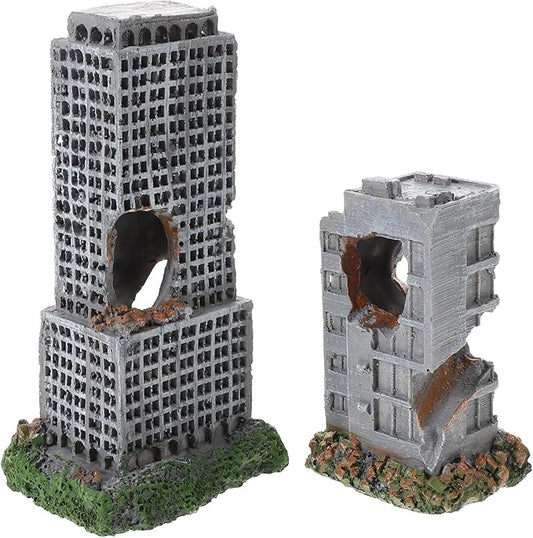 2pcs Aquarium Castle Decorations: Resin Urban Ruins - Fish Tank Rock Hideout - Antique City Building Ornament for Aquarium Backgrounds Fish Hideouts
