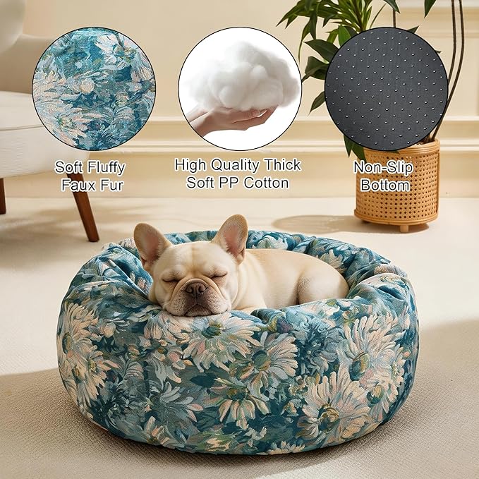 Dog Calming Beds for Small Medium Large Dogs - Round Donut Washable Puppy Dog Bed, Anti-Slip Faux Fur Fluffy Donut Cuddle Anxiety Cat Pet Bed (28" Flower)