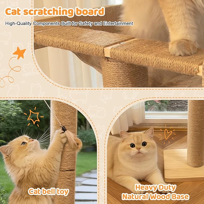 Cat Window Perch Hammock with 3-Piece Detachable Sisal Scratching Posts, Drill-Free Suction Cup Mount, Multi-Level Climbing Perch for Bird Watching, 45 LBS Capacity