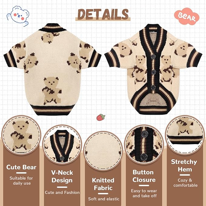 ABRRLO Small Dog Sweaters Cute Bear Dog Cardigans Clothes for Small Medium Dogs Boy Girl Puppy Cat Knitting Cardigan Outfits Dogs Winter Coats Warm Pet Doggy Clothes Soft Knitwear (Beige, Small)