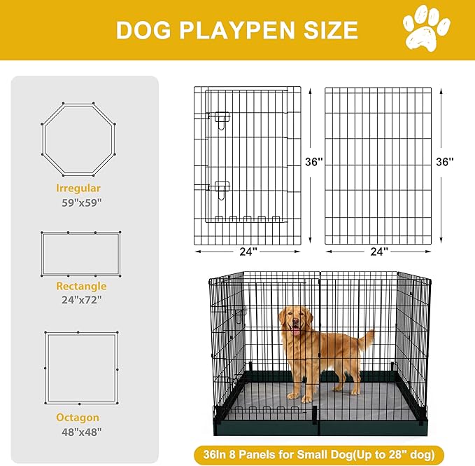 Dog Playpen,Foldable Metal Puppy Play Pen with Bottom Pad,24x36in 8 Panels Dog Playpen with Door for Indoor Outdoor,Heavy-Duty Pet Exercise Fence for Small Medium Animals