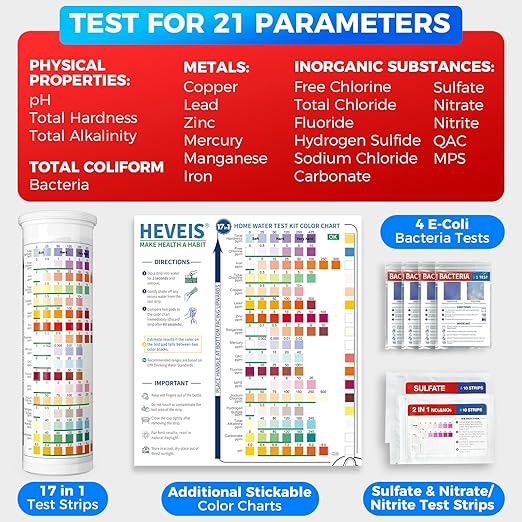 21-in-1 Home Drinking Water Testing Kit - 120 Strips + 4 Bacteria Tests - Tap and Well Water Test Kit, Easy to Test and Read for Hardness, Lead, Iron, Fluoride, pH, Copper, Bacteria and More