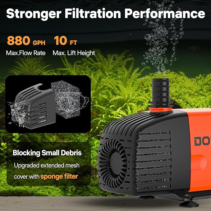 Doko Submersible Water Pump,880GPH Aquarium Water Pump with Extended Mesh Cover and Sponge,Ultra Quiet Pond Pump with 6Ft Power Cord for Fountains,Fish Tanks,Hydroponics,and Waterfalls
