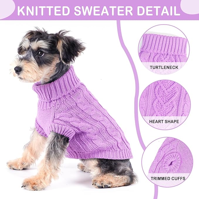 Dog Sweaters for Small Dogs Girl Twist Chihuahua Clothes Solid Small Dog Sweater with Heart Shape Pattern Puppy Knitted Turtleneck Pullover Sweater Warm Dog Clothes for Fall Winter (Purple, X-Small)