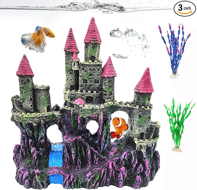 PINVNBY Aquarium Resin Castle Decoration,Fish Tank Driftwood Castle Cave Hideouts House Plants Supplies Accessories(Pink)