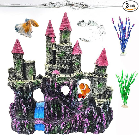 PINVNBY Aquarium Resin Castle Decoration,Fish Tank Driftwood Castle Cave Hideouts House Plants Supplies Accessories(Pink)