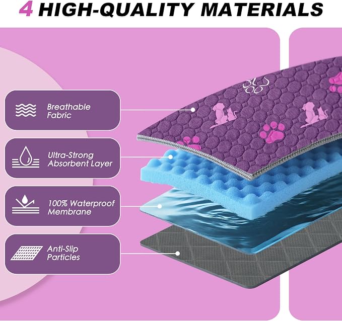 WanpeeGoo Washable Pee Pads, Puppy Pee Pad for Dogs, 2 Pack Absorbent Reusable Training Dog Pads Pet Puppy Pads, Non-Slip Potty Pads for Whelping, Crate, Bed, Purple 32"x63"