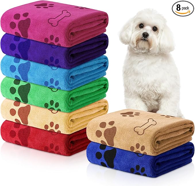 Chumia 8 Pcs Dog Towels for Drying Dogs Cats Pet Towels Bulk Puppy Microfiber Fast Drying Paw Bath Bathing Supplies Absorbent for Medium Pets(40 x 24 Inch,Dog Paw and Bone,Bright Color)