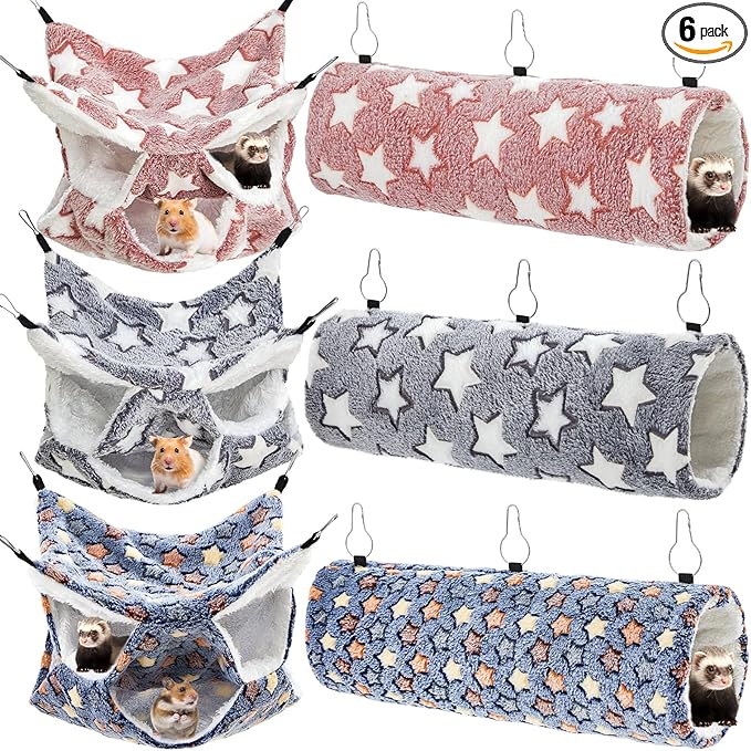 Sweetude 6 Pcs Rat Hammock Set Ferret Hanging Tunnel 3 Tier Guinea Pig Hammocks Hideout Soft Chinchilla Bed for Cage Accessories Hide,Play and Sleep (Dark Color Scheme,Star)