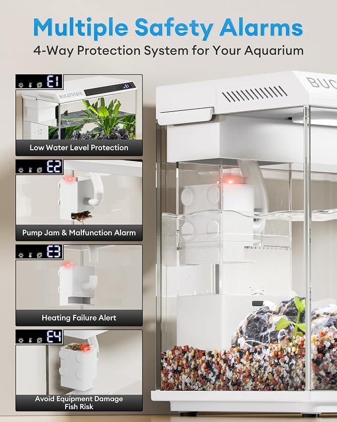 BUCATSTATE 2.6 Gallon Small Fish Tank, 3 Stage Filtration Aquarium (White) | Independent Waste Compartment Aquarium, Quiet 3 in 1 Pump, Real-Time Temp Display, 8-Mode LED Light, Multi Safety Protection