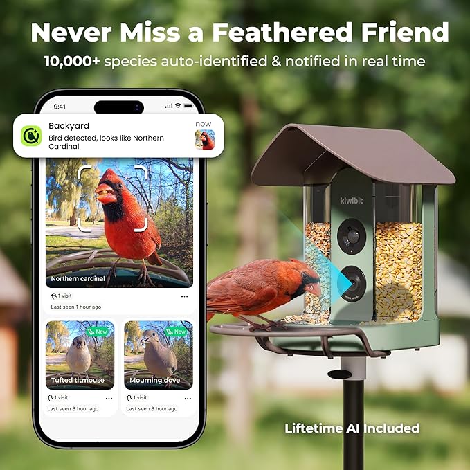 Kiwibit Smart Bird Feeder 4K AI Camera with Solar Panel, No Subscription, Lifetime AI Feature Included, 4K Video Live Stream, 8MP Photos Auto Capture, Bird Species Identification, Bird Notification