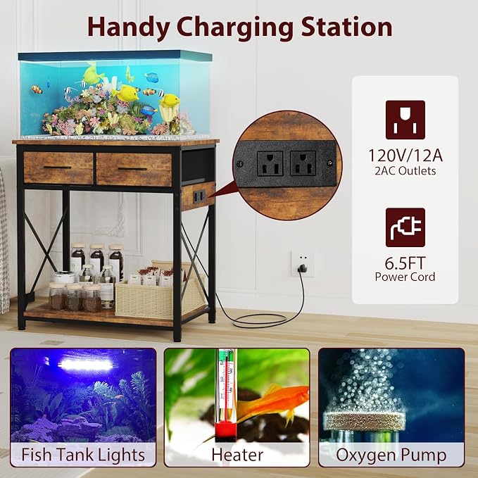 20-29-37 Gallon Fish Tank Stand with Power Outlets and 2 Drawers, Brown | Heavy duty metal frame holds up to 400 pounds with a lower shelf for a second aquarium, turtle tank or reptile terrarium