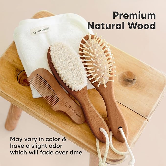 Baby Hair Brush Set for Newborns - Soft Goat Bristle Wooden Baby Brush and Comb Set Newborn Grooming Kit for Cradle Cap, Durable & Gentle, Boy, Girl Infant Essentials Care Kit (Regular, Dark Walnut)