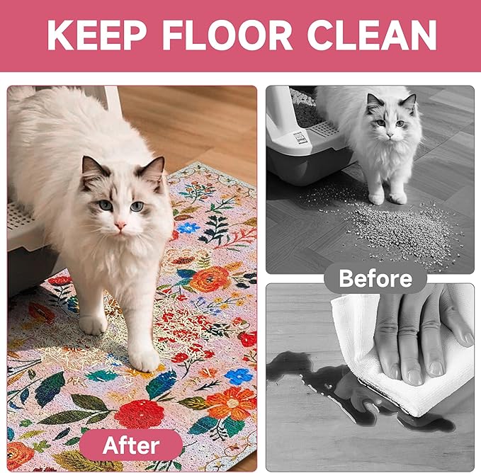 Cat Litter Mat, 24" x 16" Litter Box mat, Upgrade Non-Slip Kitty Litter mat, Traps 100% Litter, Soft on Kitty Paws, Easy Clean for Scatter Control, Bohe cat Food mat, Urine Waterproof