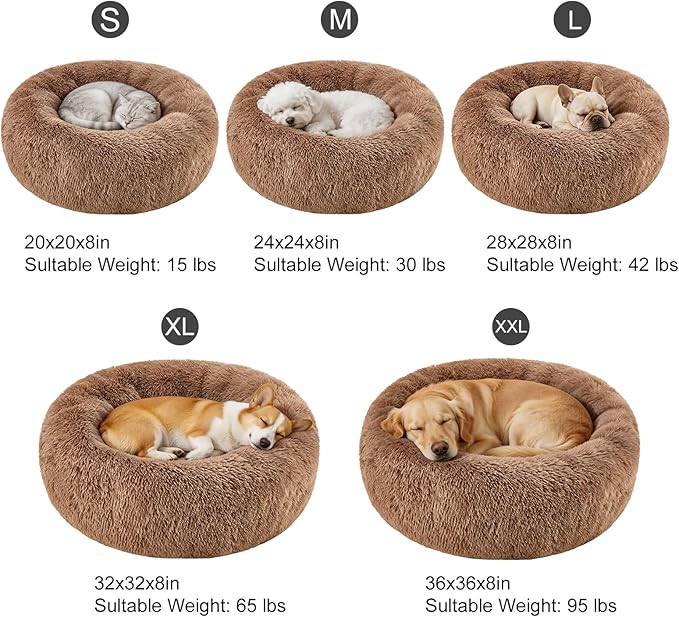Dog Calming Beds for Small Medium Large Dogs - Round Donut Washable Puppy Dog Bed, Anti-Slip Faux Fur Fluffy Donut Cuddle Anxiety Cat Pet Bed(20'' Khaki