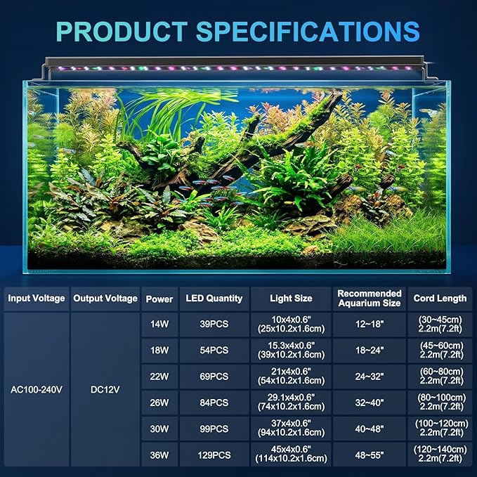 AQQA LED Aquarium Light for Plants, 24/7 Mode Full Spectrum Fish Tank Light with 3 Light Modes, Adjustable Timer/Brightness, Memory Function, Extendable Brackets for Freshwater for 40-48 Inch Tank 30W