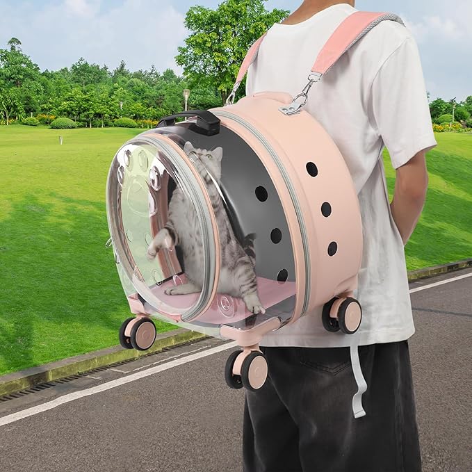 Cat Carrier with Wheels, Breathable Cat Rolling Carrier with Telescopic Handle, Bubble Cat Backpack Carrier, Pet Travel Bag for Small Dogs Pets, up to 19lbs, 15.7" x 10.6" x 17.7" (Pink)