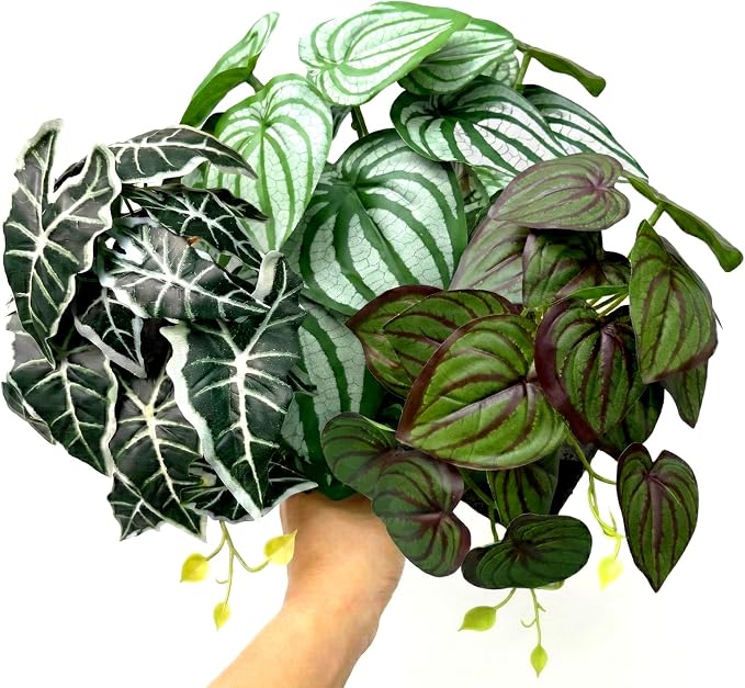 5 Pcs Reptile Plants & Habitat Decor Kit - Artificial Plants & Large 3.3ft Jungle Vine Branch, Artificial Leaves with Suction Cup Tank Decor Accessories for Crested Gecko, Lizard, Snake,Forg,Tortoise