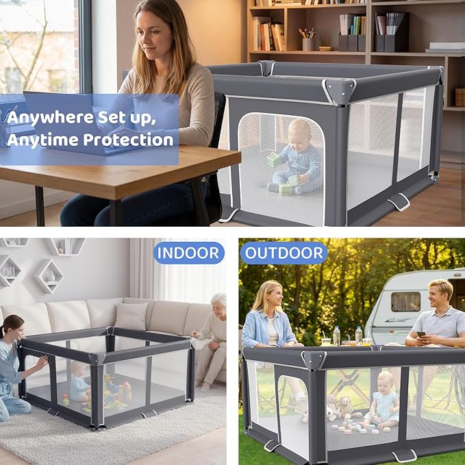 Foldable Baby Playpen with Mat, 50"x50" Safety Play Yard for Babies & Toddlers - Indoor & Outdoor Use with Carry Bag - Collapsible, Portable Play Yard, Dark Gray