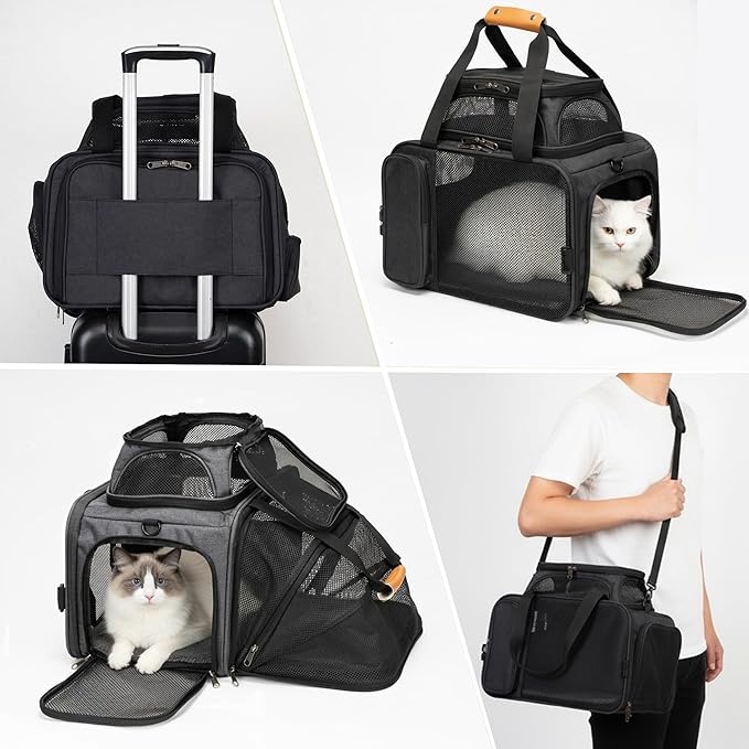 JUNGYOON Cat Carrier, Expandable Airline-Approved Soft-Sided Pet Travel Bag for Cats, Small Dogs & Small Pets, Breathable Mesh Design with Multi-Pockets & Fleece Pad (Light Grey)