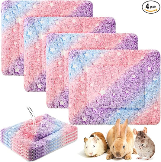 Haull 4 Pcs Waterproof Guinea Pig Bedding Guinea Pig Bed Plush Cage Liners Soft Rabbit Dog Crate Pad Cat Mat Reversible Cozy Animal Pee Pad Hamster Bunny Mat Accessory(Colorful Star,13 x 10 Inch)