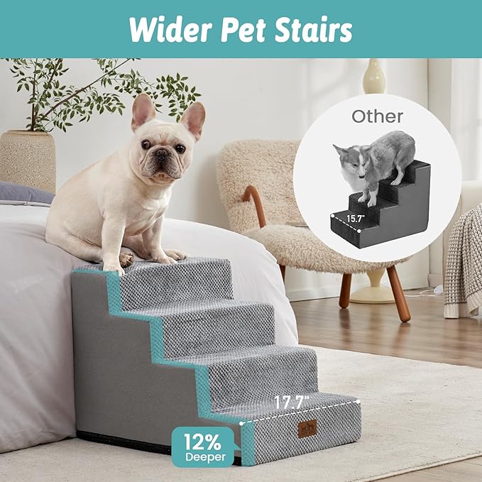 COZY KISS Dog Stairs for Small Dogs, 4 Tier Wider Pet Stairs for Couch and Beds, 17.7" H Non-Slip Dog Steps for Old Cats, Puppy, Small Medium Dogs, 17.7x23.6x17.7 inch, Grey