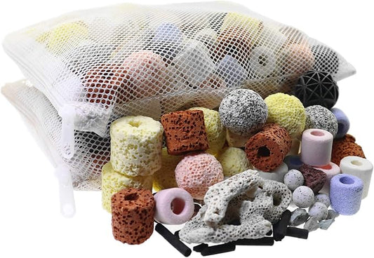 Aquarium Filter Media 15-in-1 Mineral Balls & Ceramic Rings - 1000g with Zippered Mesh Bag for Fish Tank/Pond Filters