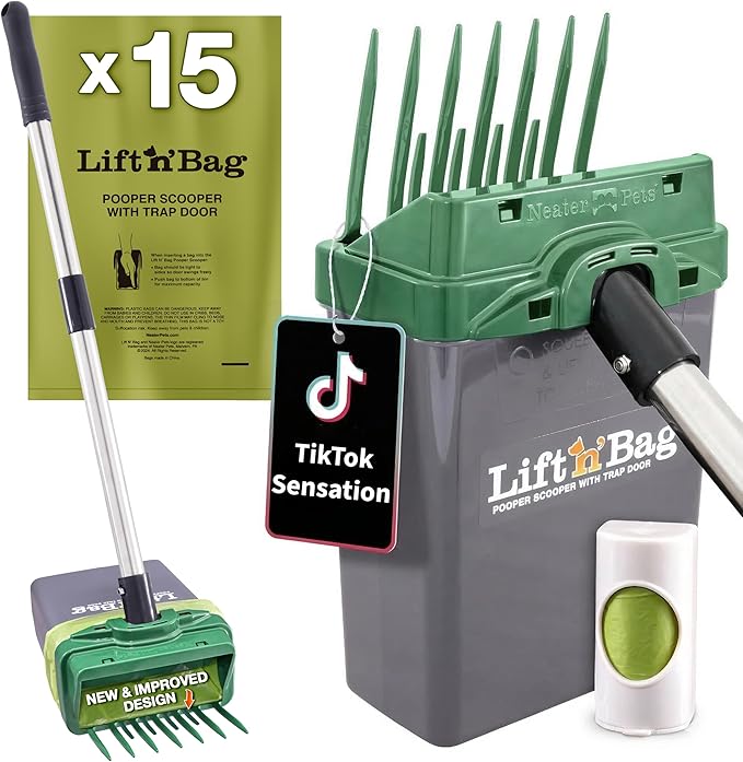 Neater Pet Brands Lift N’ Bag 2.0 Dog Pooper Scooper with Bag Attachment & 22" Pole for Small to Large Dogs, New & Improved Design, 15 Refill Bags, Heavy Duty Dog Poop Scooper for Yard, One-Hand Use