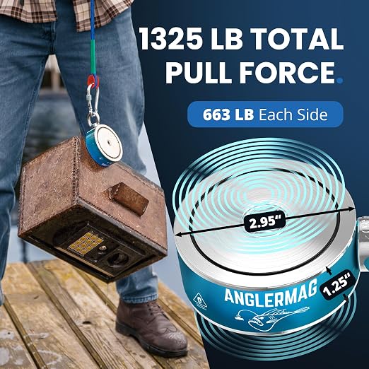 AnglerMag™ Magnet Fishing Kit - 1325 lbs Double Sided Neodymium Magnetic Fishing Stuff with Rope - 10 PCS Extra Strong Complete Gift Set with eBook, Carabiner, Gloves, Grappling Hook & Carrying Bag
